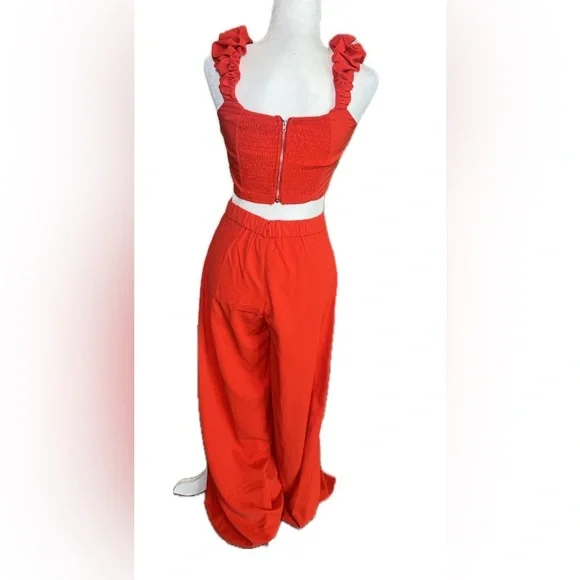Chicways red matching pants set with crop top and wide leg trousers size s small - Picture 2 of 11
